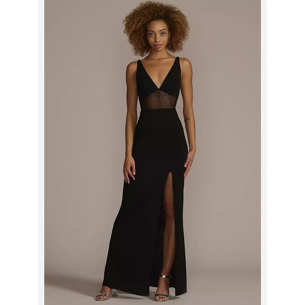 Jules & Cleo Black Full Length Dress‎ With Mesh Mid Drift, Slit Sz 6
